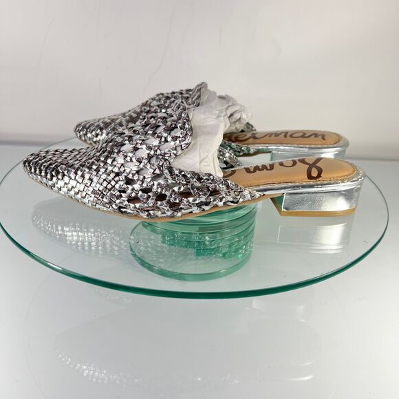 Sam Edelman Clara Flat Woven Mules Metallic Silver Slip On leather - Picture 4 of 8